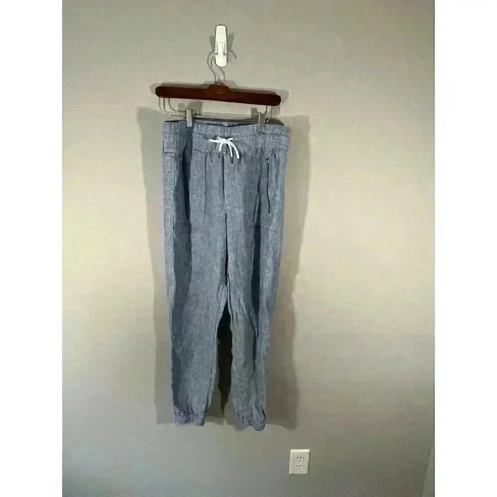 Athleta Cabo Linen Jogger Women's 10 Blue 100% Linen Zip Pockets Mid Rise Cuffed